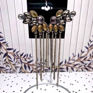 NEW Rhinestone Crusted Silver Toned Chain Tassel Earrings